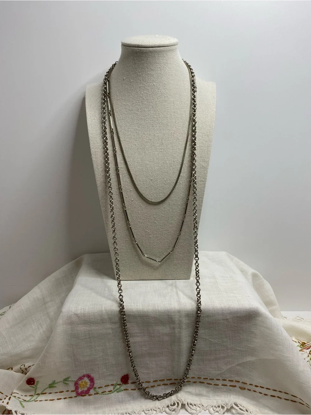 Vintage Triple Strand Necklace Ornate Box Clasp Silver Tone Mixed Chains